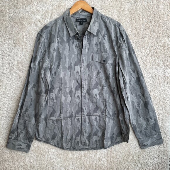 Calvin Klein Men Camo Button-Down Casual Shirt Green XL Military Army Camouflage - Picture 1 of 12